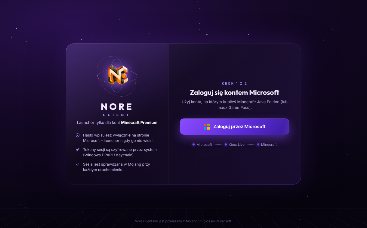 Logowanie Microsoft w Nore Launcherze